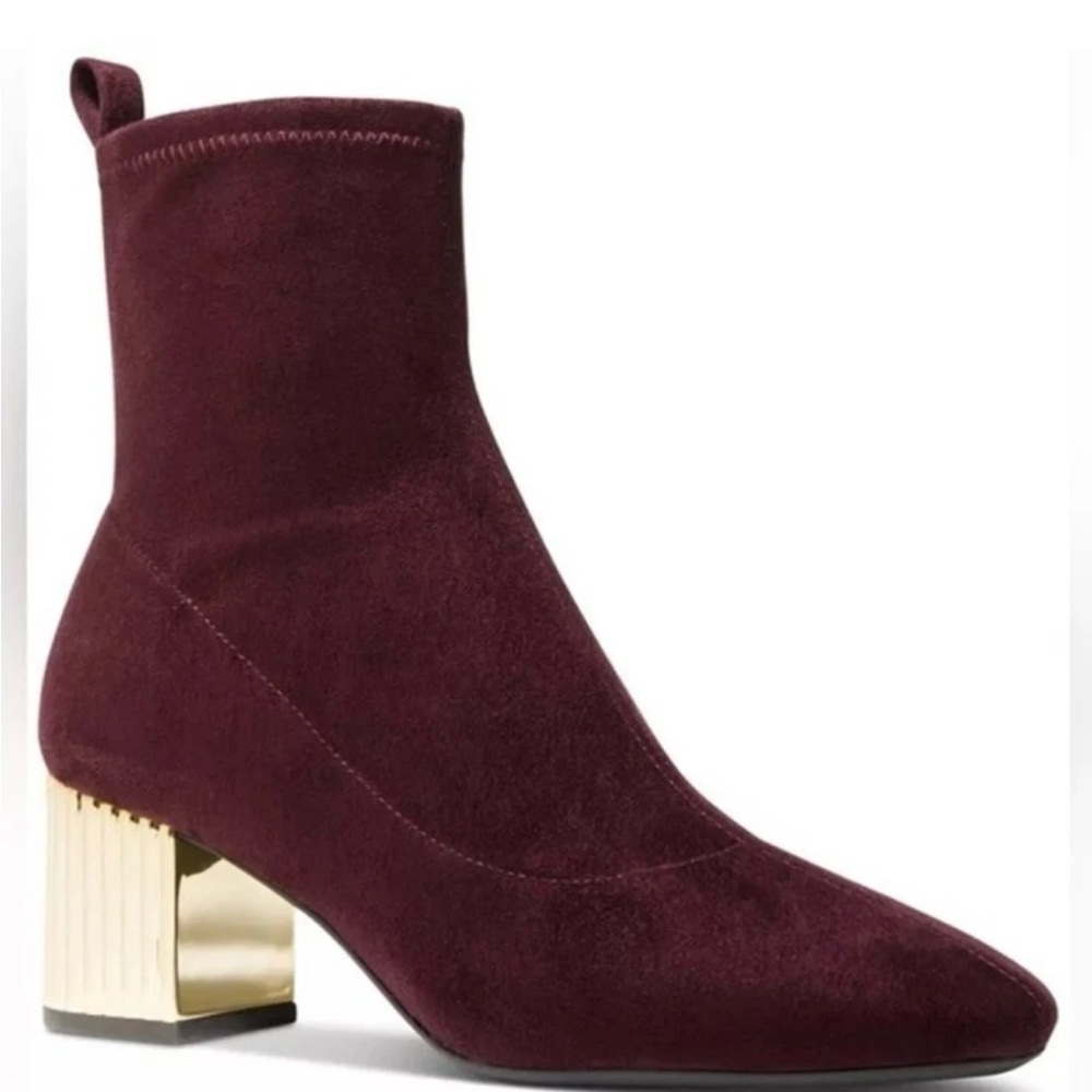 Michael Michael Kors Porter Merlot Faux Suede Gold Heel Sock Boots Size 8.5